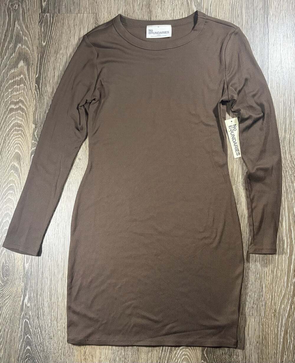 No Boundaries Women's Long Sleeve Ribbed Mini Dress Brown Size M (8-10)